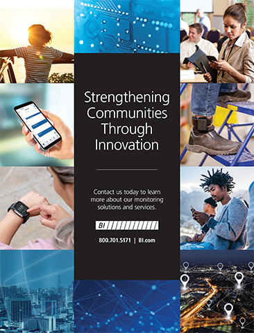Product brochure cover from BI Incorporated, illustrating electronic monitoring solutions with engaging visuals and key information.