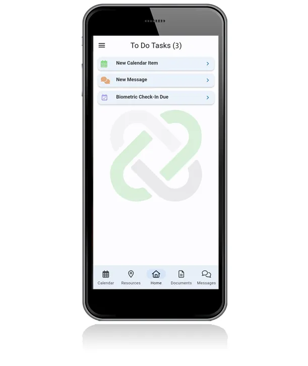 The BI SmartLINK to-do tasks homepage visible on a smartphone, displaying a clear layout of client tasks and actionable items.
