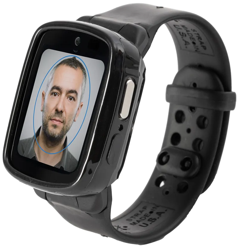 The watch face of the BI VeriWatch showcases a check-in photo of a client, highlighting its functionality.